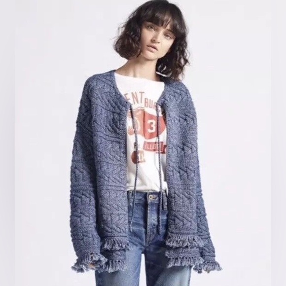 Current Elliott Blue Cable Knit Fringe Sweater Open Front, New w/ Tags, Size 1 - Picture 1 of 14